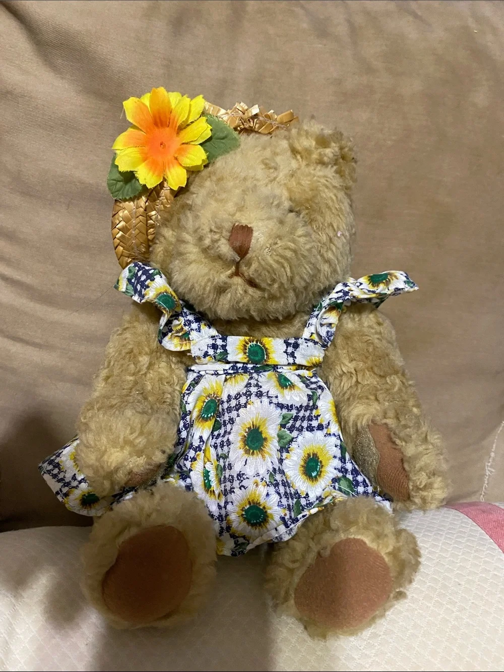 Plush Teddy Bear in Sunflower Dress with Straw Hat
